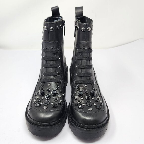 Karl Lagerfeld Women’s 5.5M Breck Black Studded Leather Moto Booties Chunky Heel - Picture 2 of 11